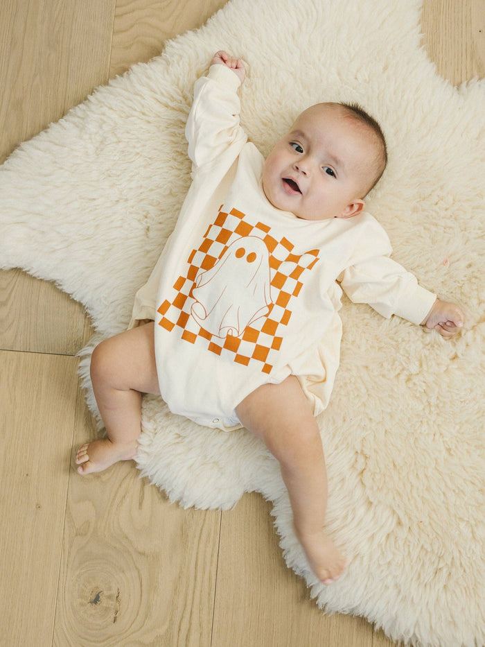Checkered Ghost Baby Sweatshirt Romper Halloween Bubble Boy