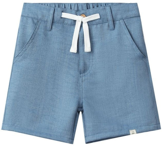 Blue shorts with a white drawstring on a white background