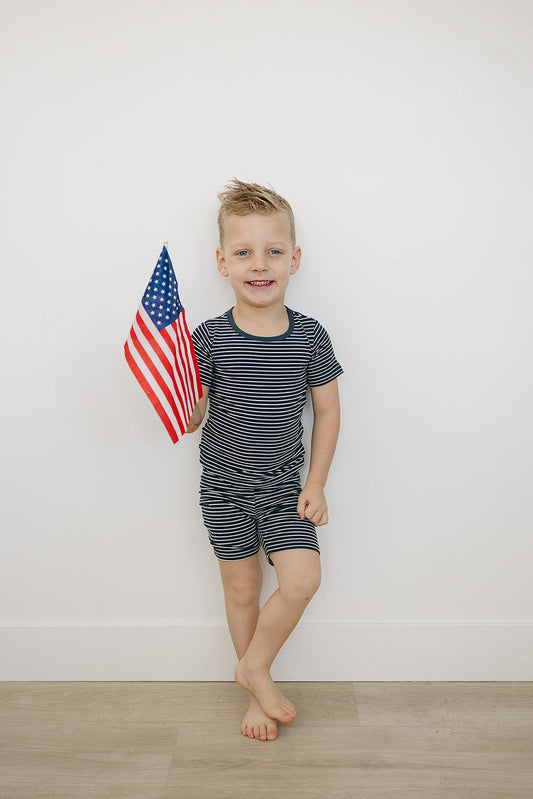 Navy Stripes Ribbed Bamboo Cozy Short Set
