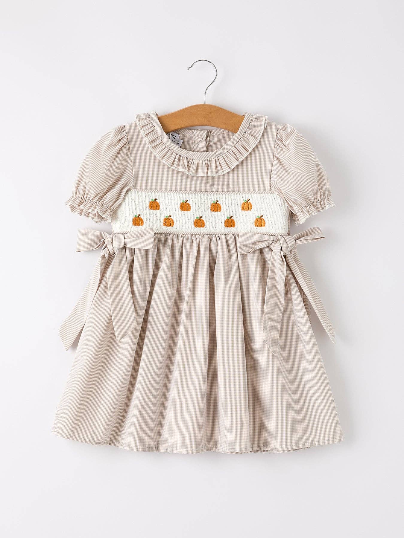 Fall Thanksgiving Pumpkin Embroidery Smock Plaid Girls Dress