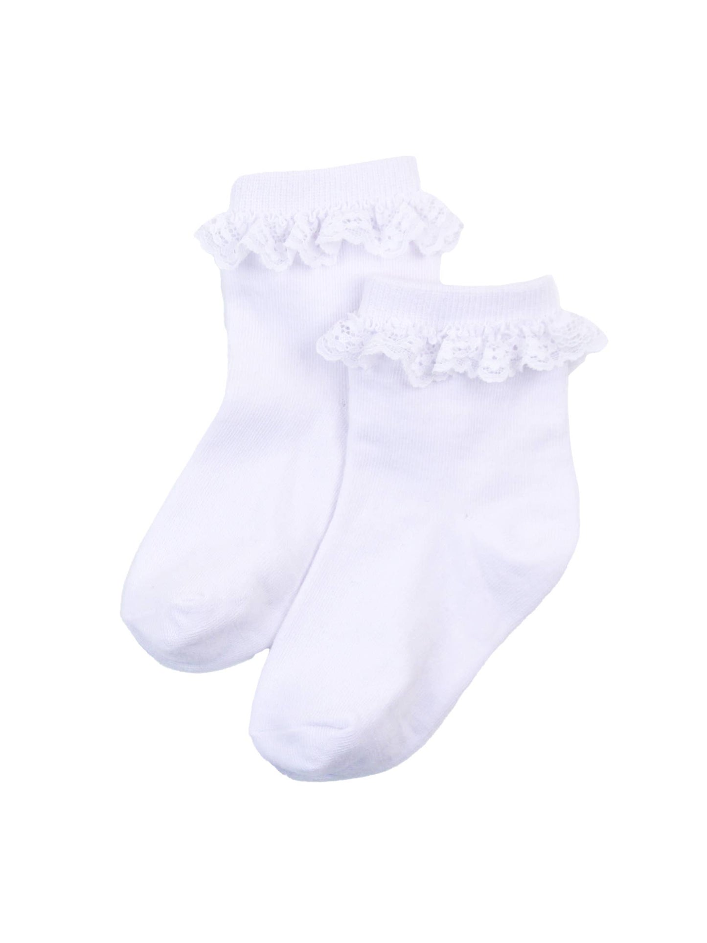 Pair of white socks with lace details on a white background