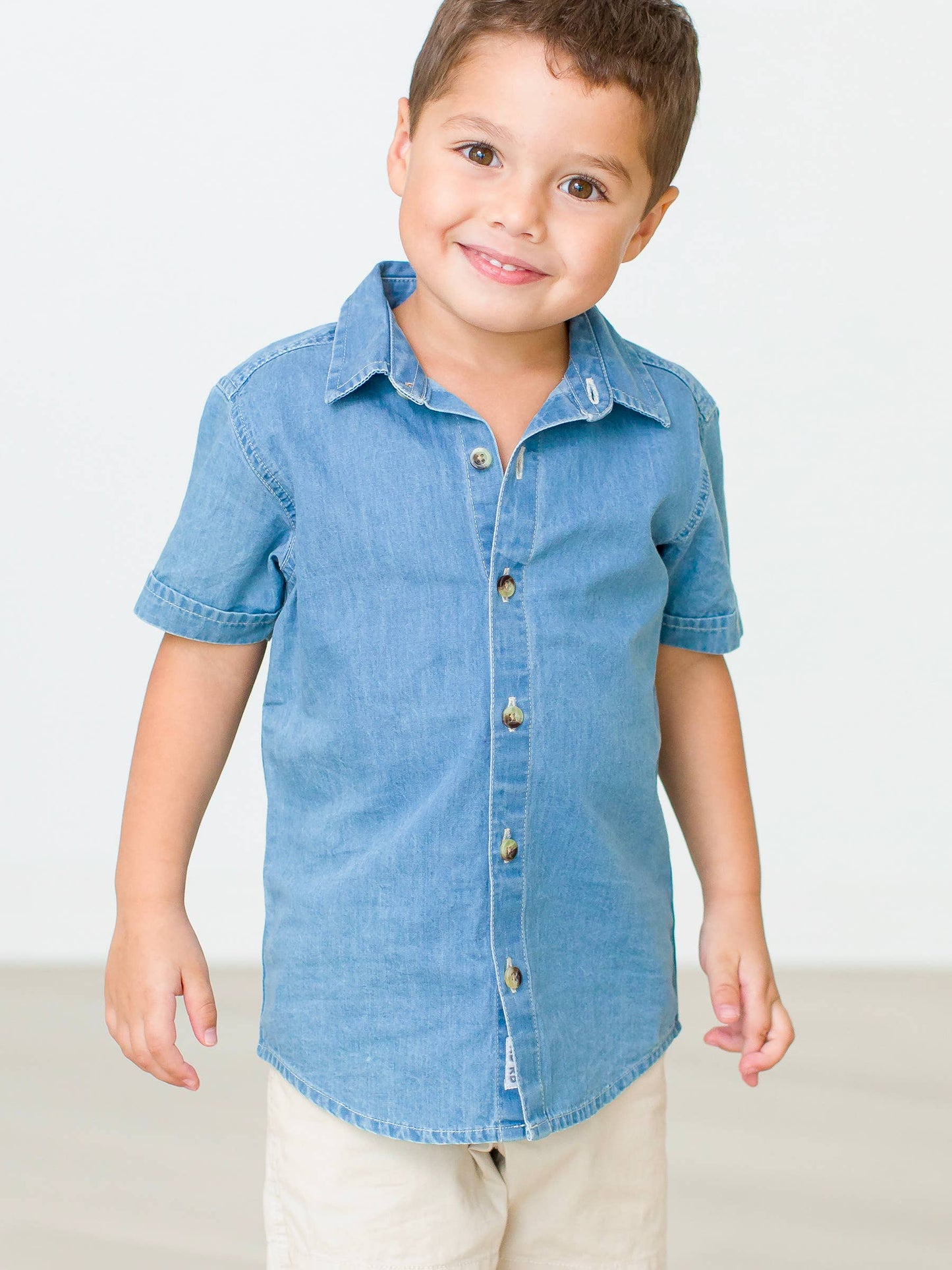 Boys Light Wash Denim Short Sleeve Button Down Shirt