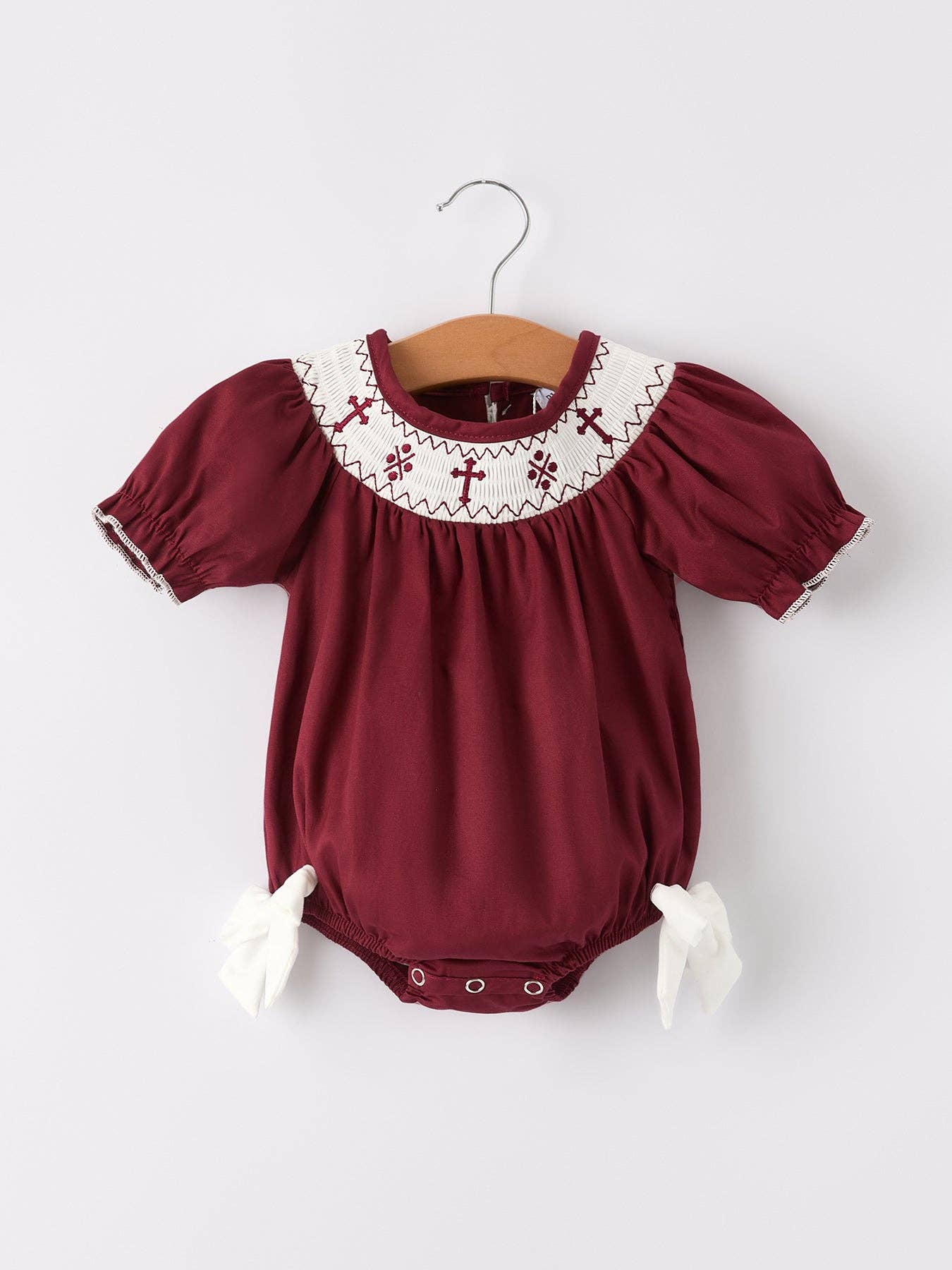 Dark Red Smocked Church Christ Bishop Christening  Girls Romper