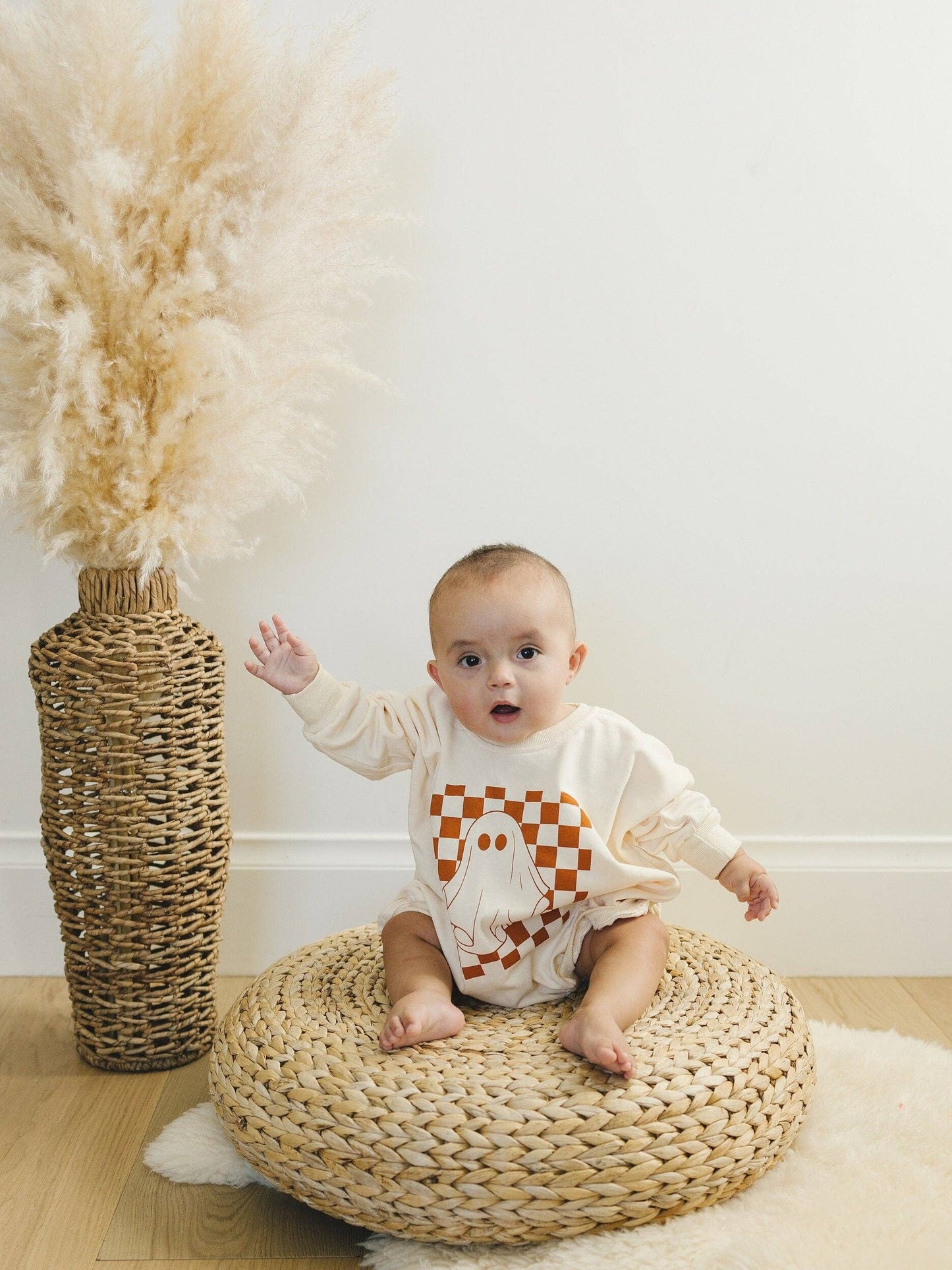 Checkered Ghost Baby Sweatshirt Romper Halloween Bubble Boy