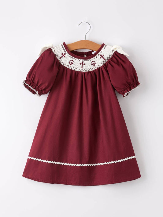 Dark Red Smocked Church Christ Bishop Christening Dress