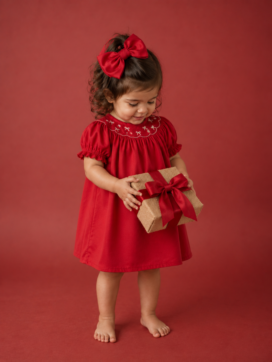 Girls Bow Smocking Embroidered Red Dress