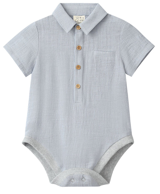Gray baby romper with collar and buttons on a white background