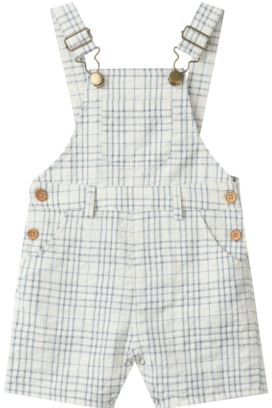 Plaid overalls with button details on a white background