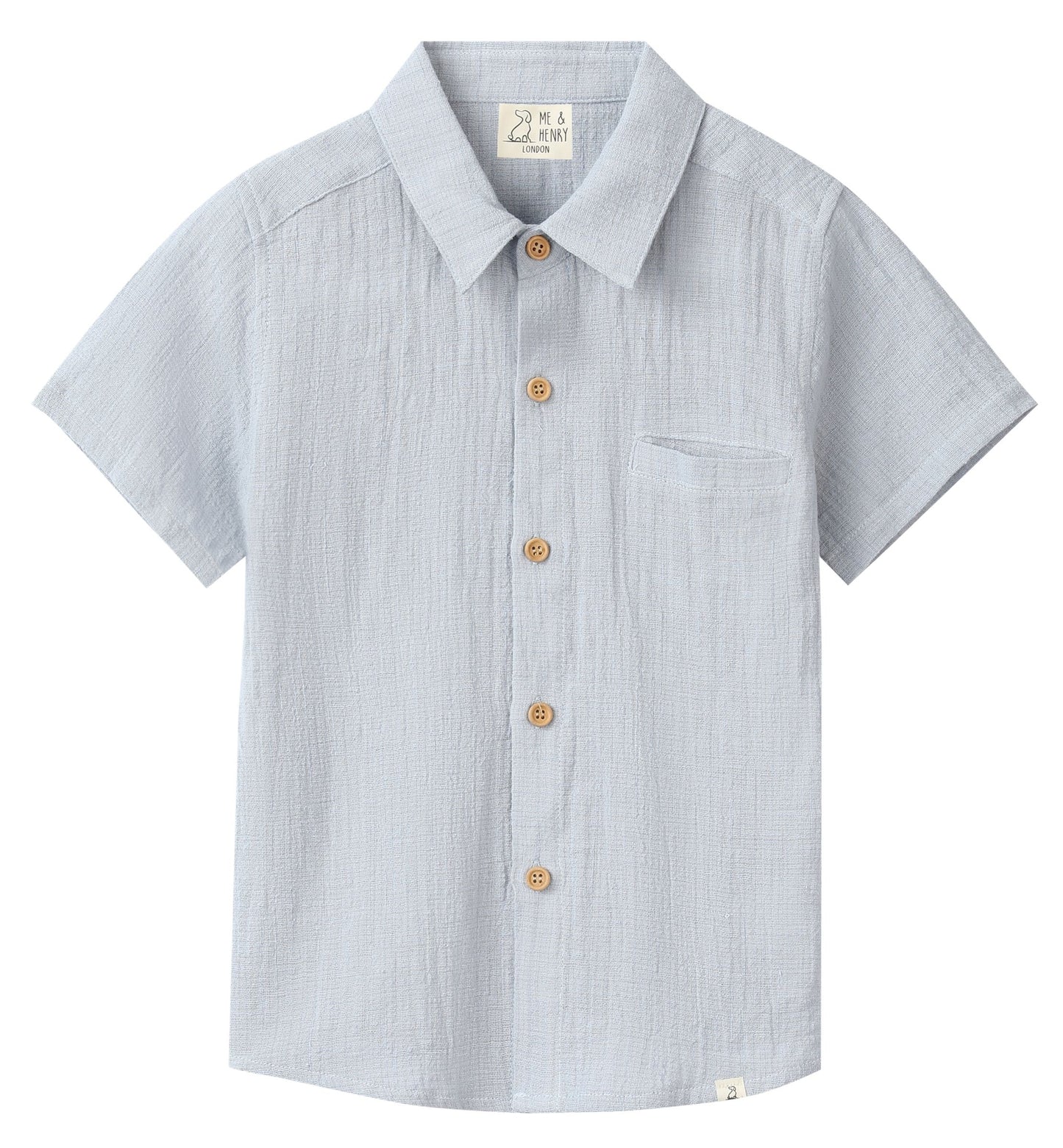 Light blue striped shirt with button details on a white background