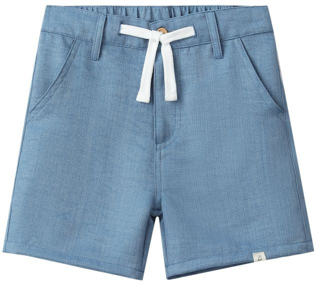 Blue shorts with a white drawstring on a white background