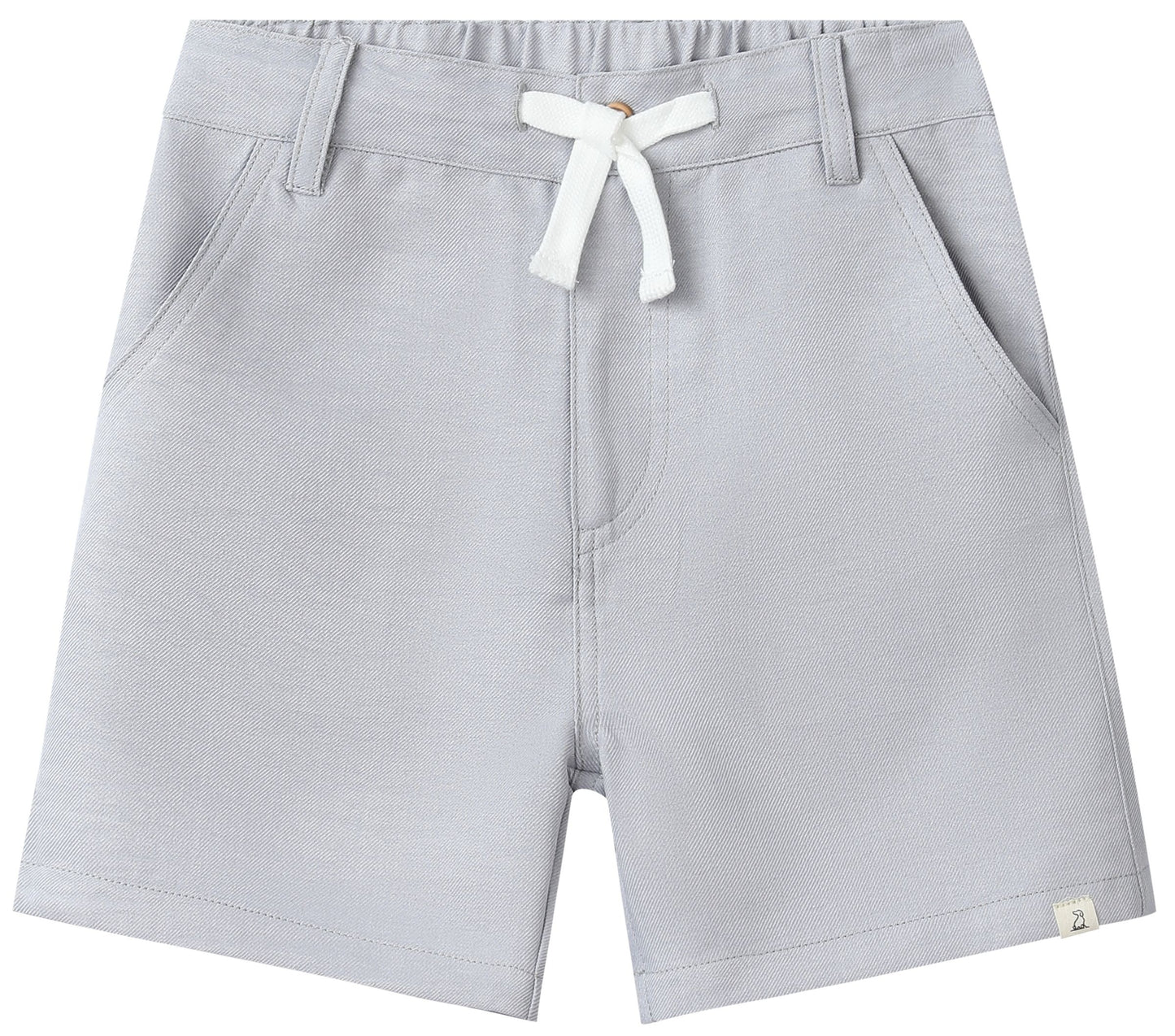 Light gray shorts with a white drawstring on a white background