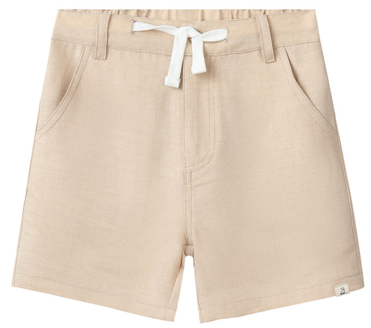 Beige shorts with a drawstring on a white background
