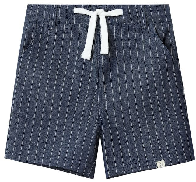 Blue pinstripe shorts with a white drawstring on a white background