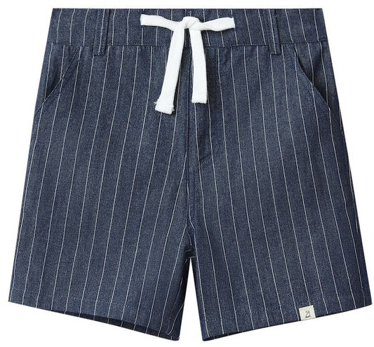 Blue pinstripe shorts with a white drawstring on a white background