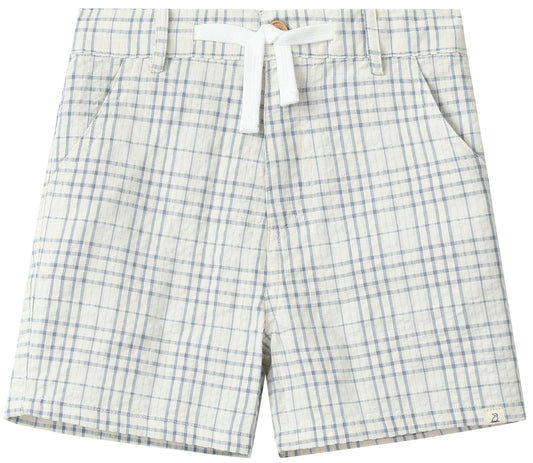 Plaid shorts with a white drawstring on a white background