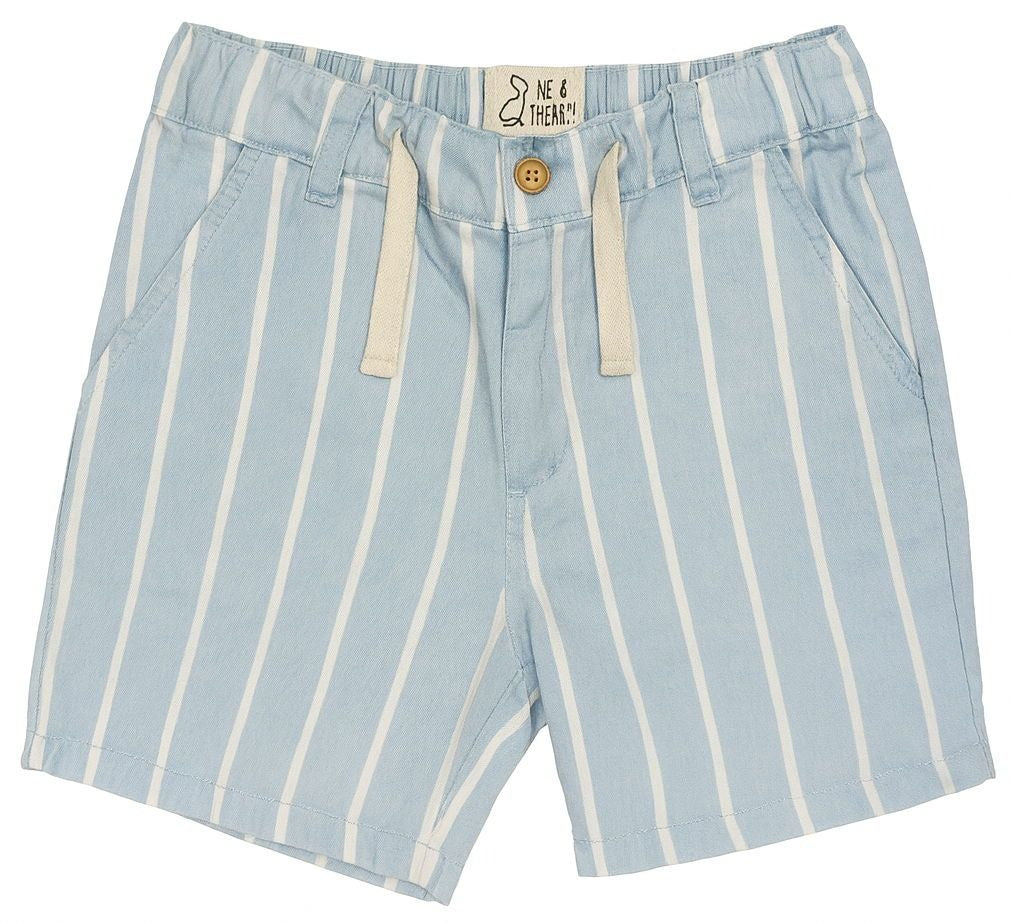 Light blue shorts with white stripes on a white background