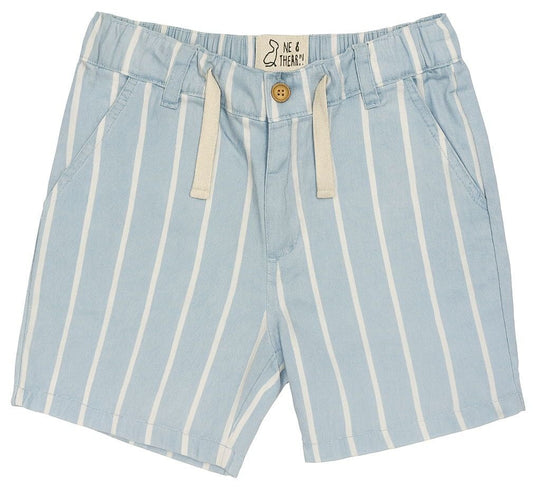 Light blue shorts with white stripes on a white background