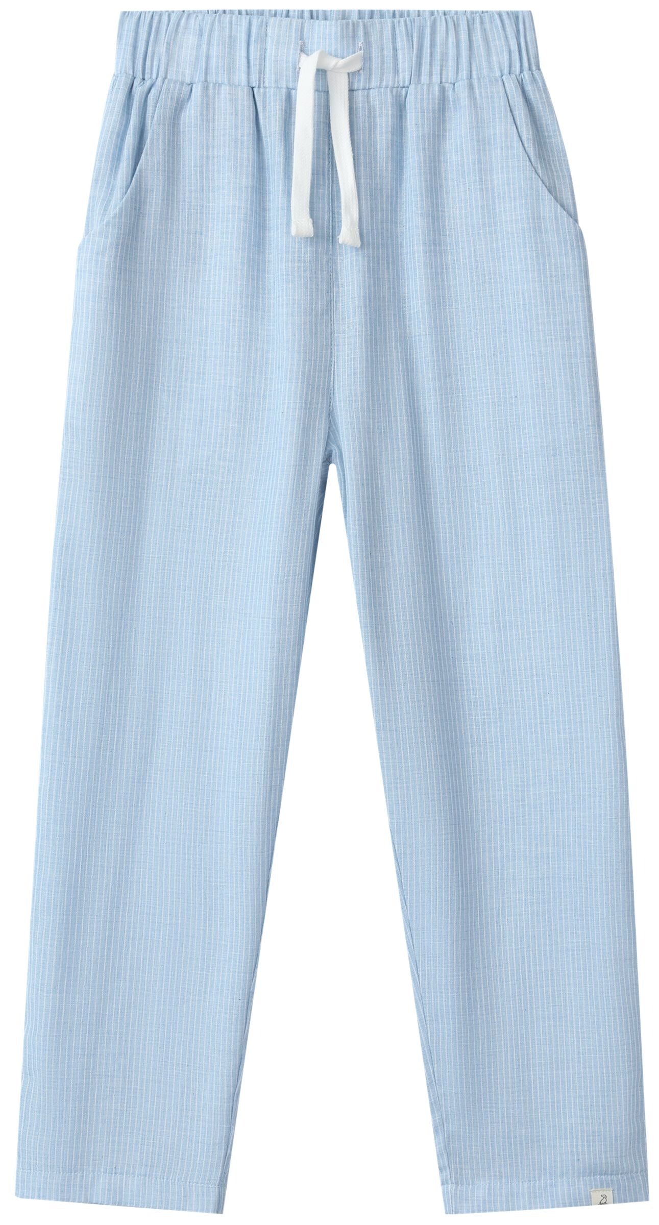 Light blue striped pants with a drawstring on a white background