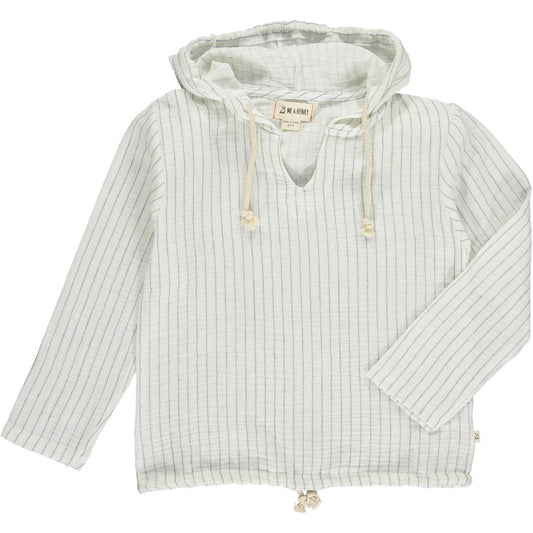 Striped hoodie with a brand label on a white background