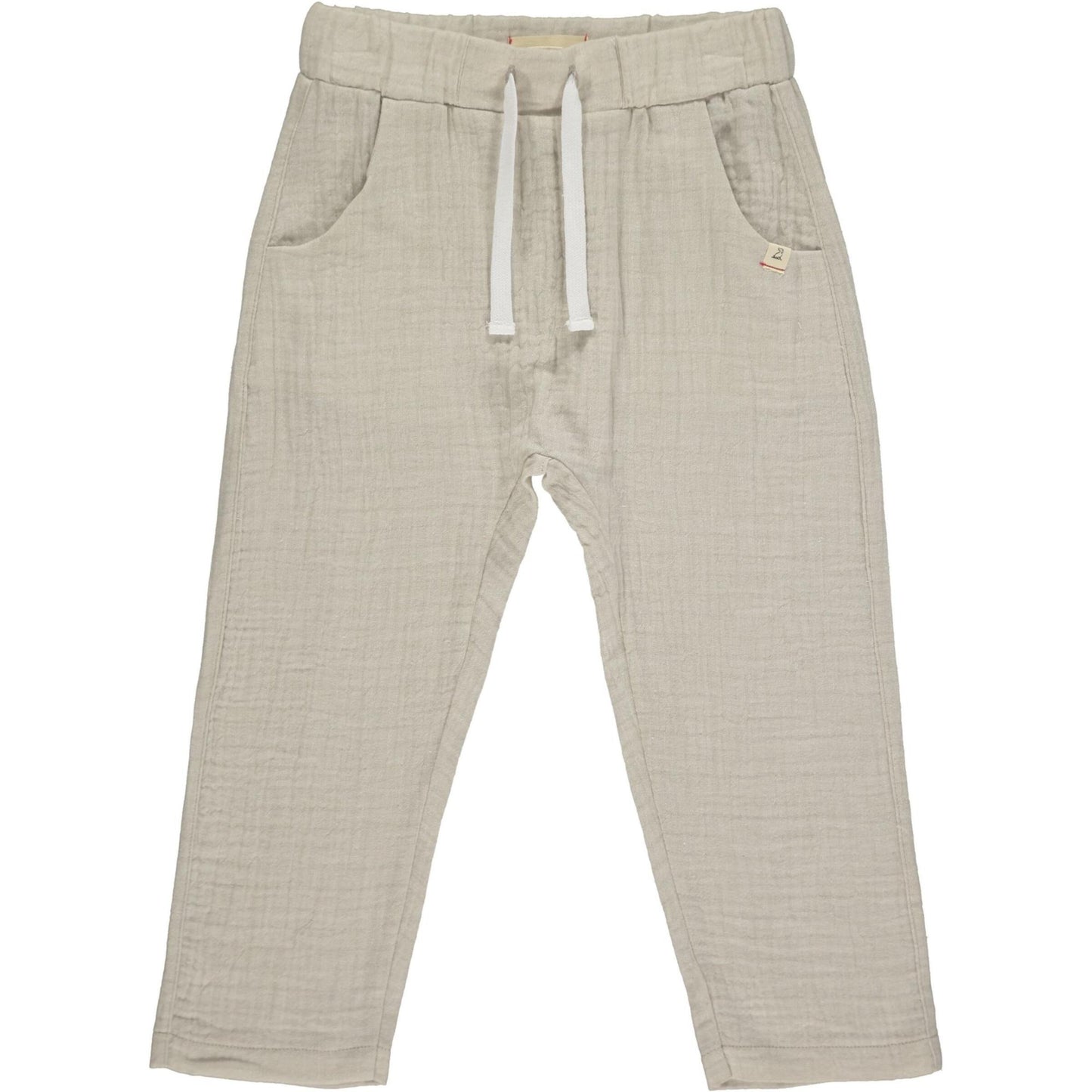 Beige baby pants with drawstring on a white background