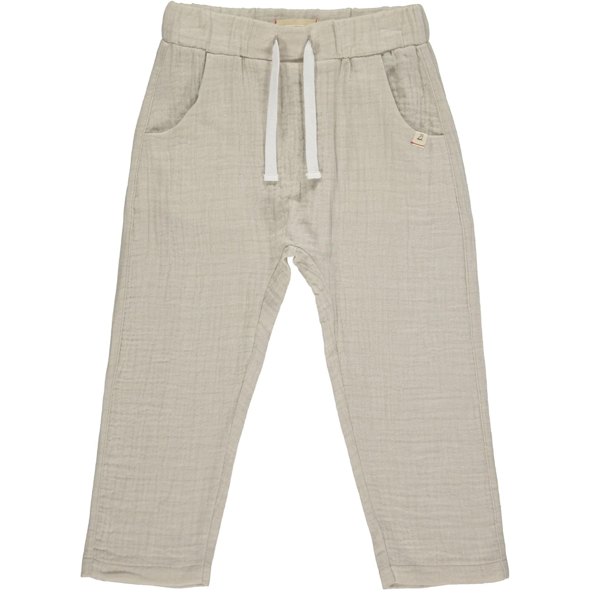 Beige baby pants with drawstring on a white background