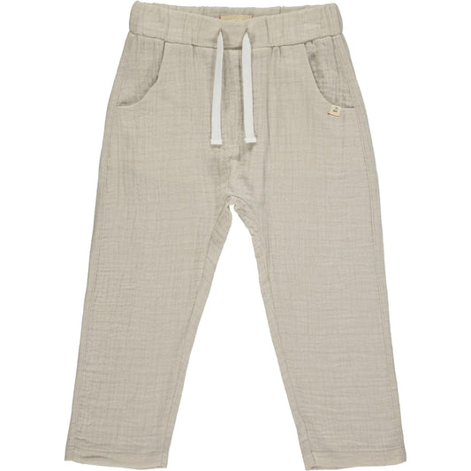 Beige baby pants with drawstring on a white background