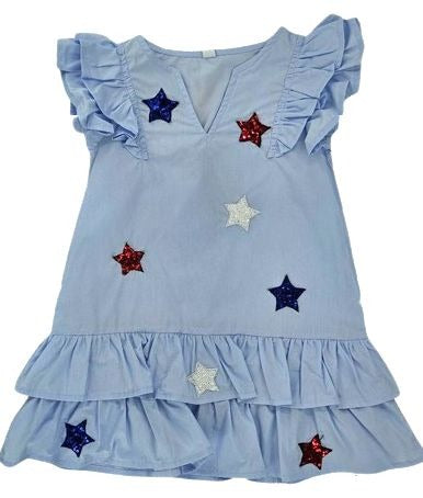 Girls Blue Star Dress with Ruffle Sleeves | Patriotic Boutique Dress