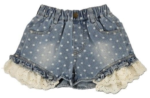 Girls Light Wash Denim Polka Dot Shorts with Lace Trim