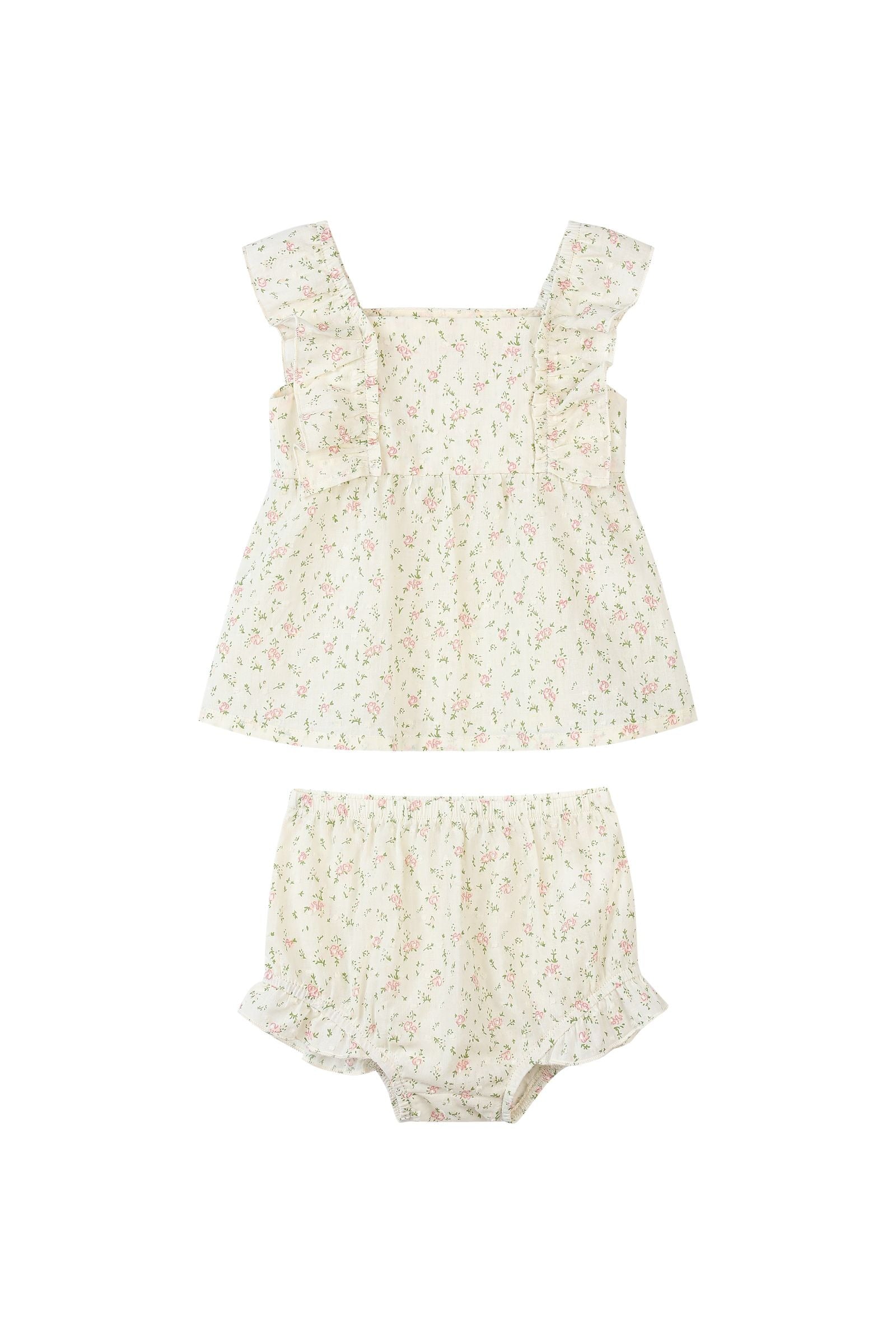 Floral lace baby romper set on a white background
