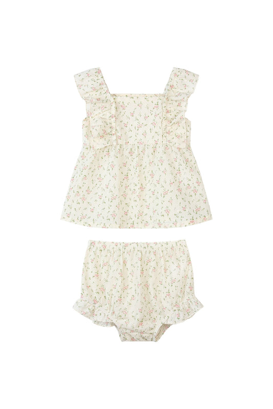 Floral lace baby romper set on a white background