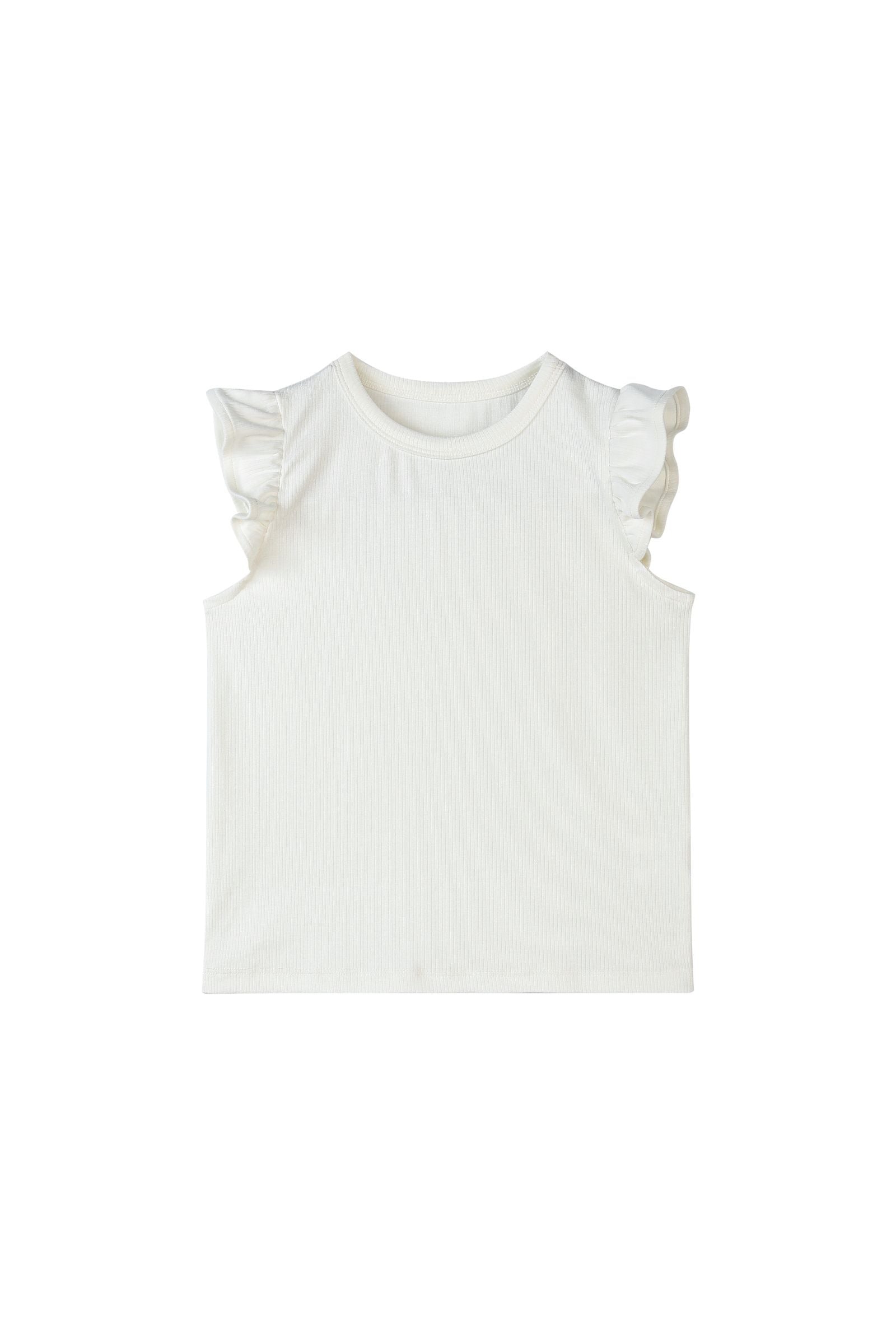 White sleeveless top with ruffled shoulders on a white background