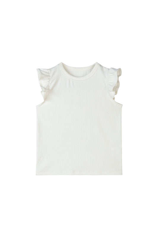 White sleeveless top with ruffled shoulders on a white background