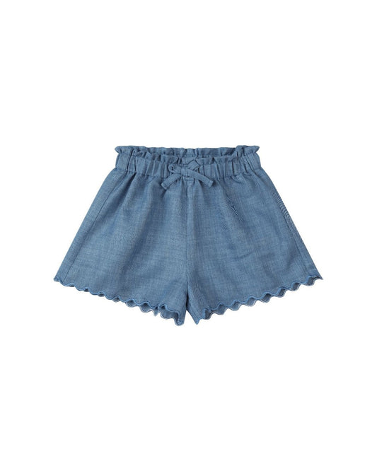 Blue shorts with ruffled hem on a white background
