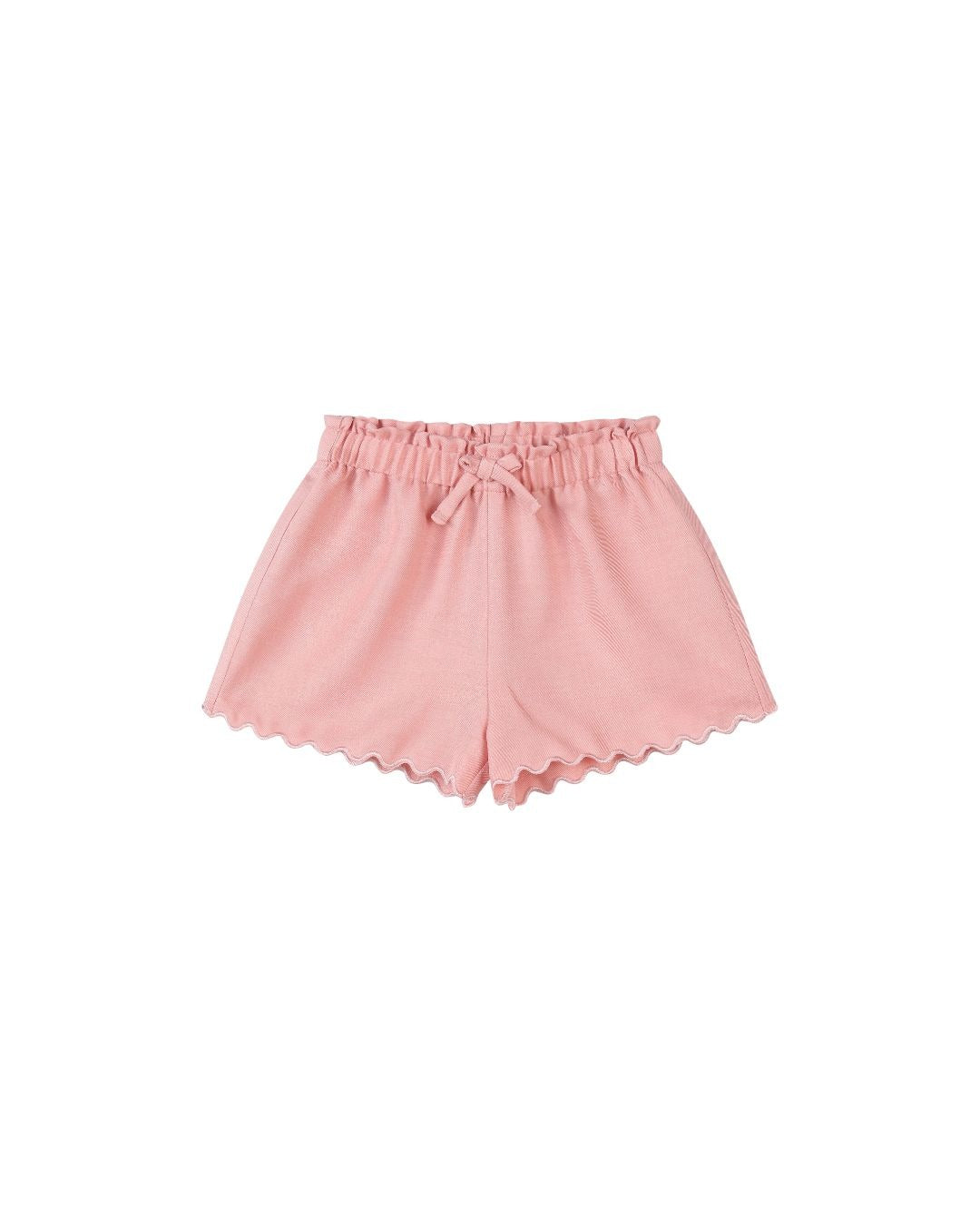 Pink shorts with scalloped hem on a white background