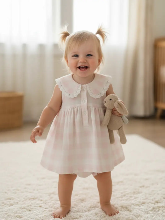 Soft Pink Oversized Collars Check Dress