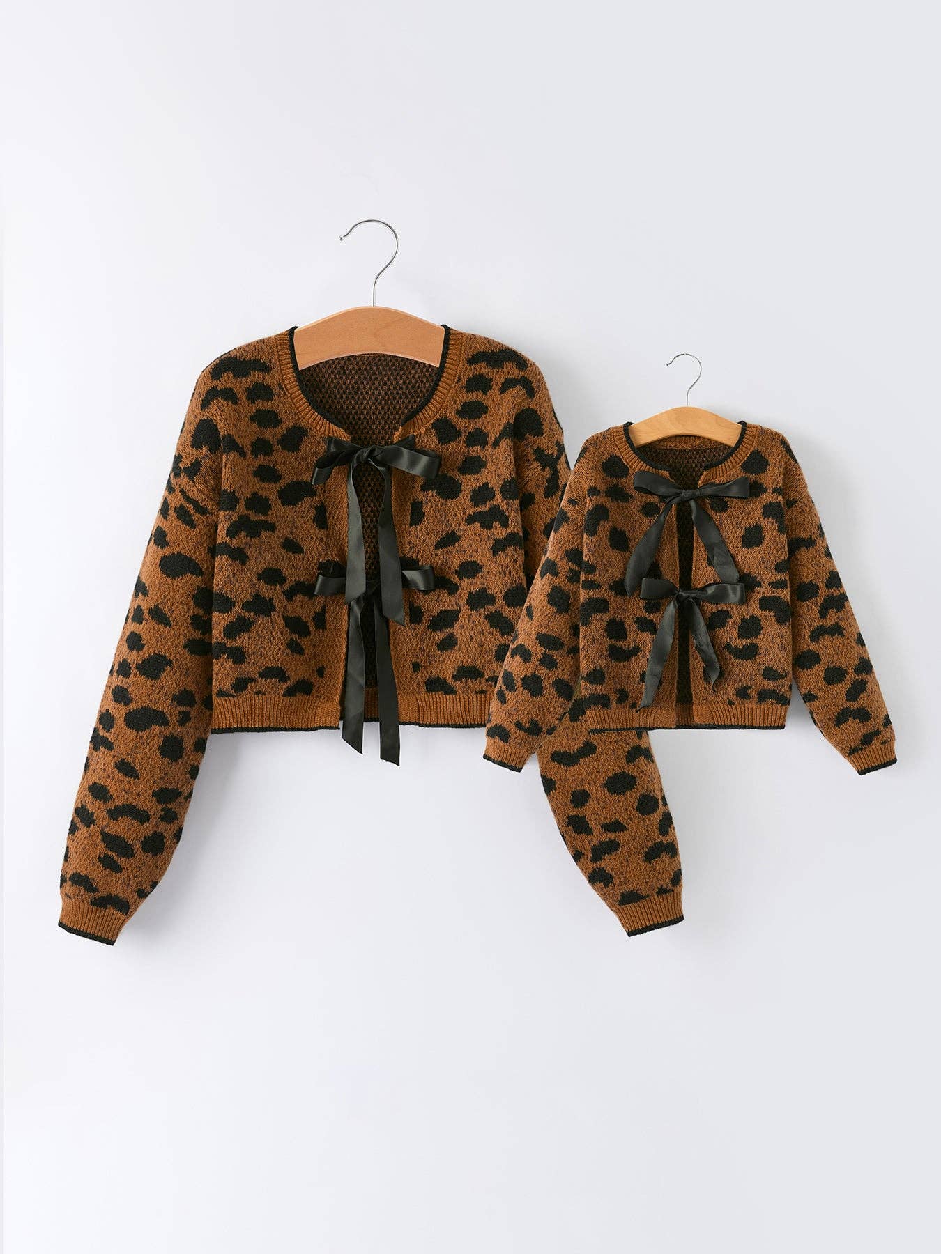 Mommy and Me Leopard Sweater Cardigan with Black Ribbon Bows