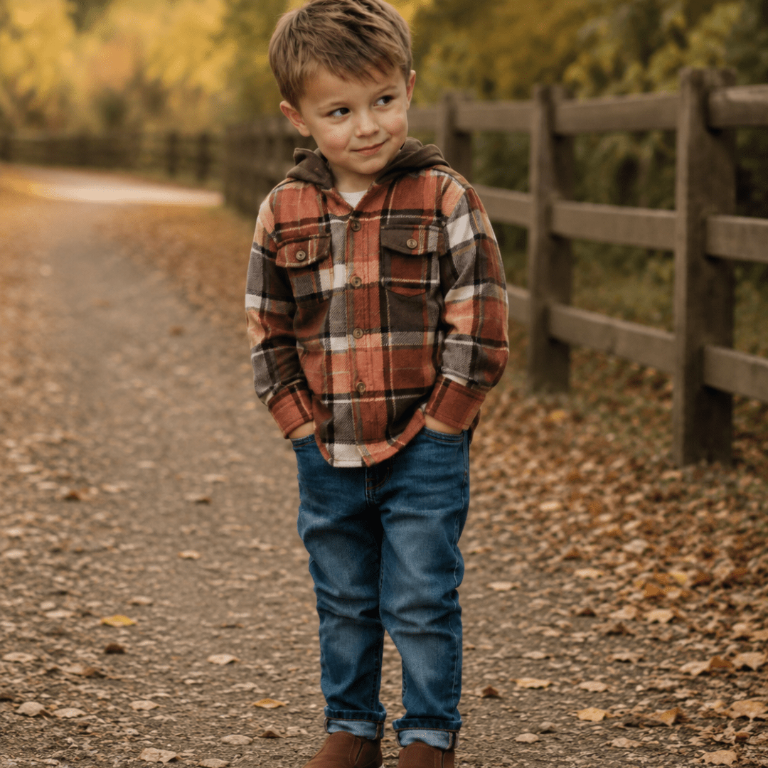 Brown & Rust Plaid Hooded Flannel Shirt - Kids