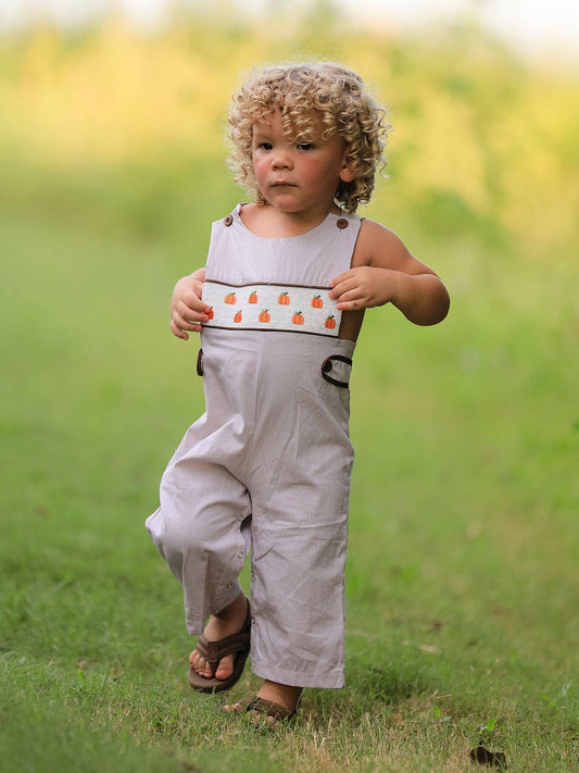 Fall Halloween & Thanksgiving  Pumpkin Smock Embroidered Boys Romper