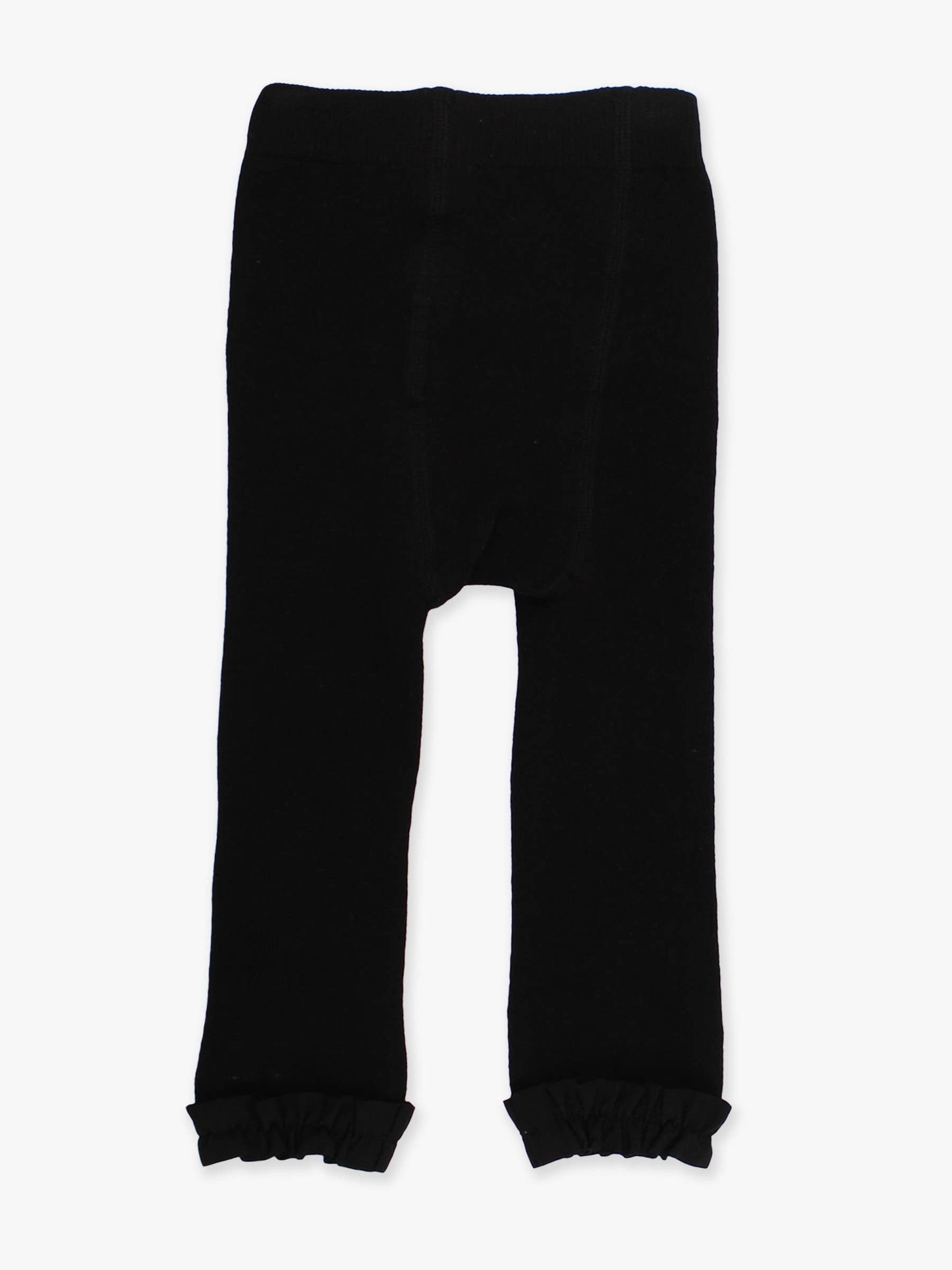 Black leggings with ruffled cuffs on a white background