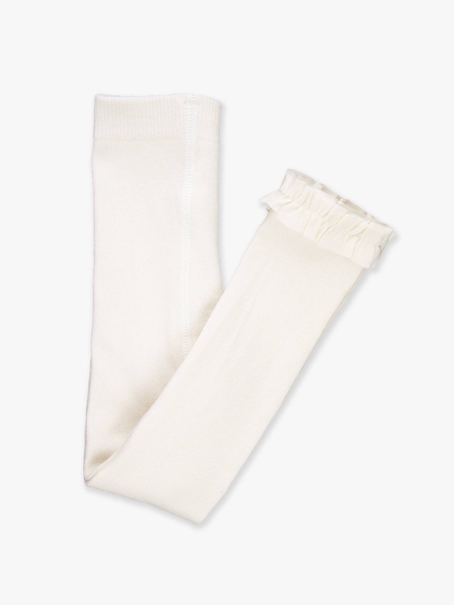 Folded cream-colored tights with ruffled cuffs on a white background