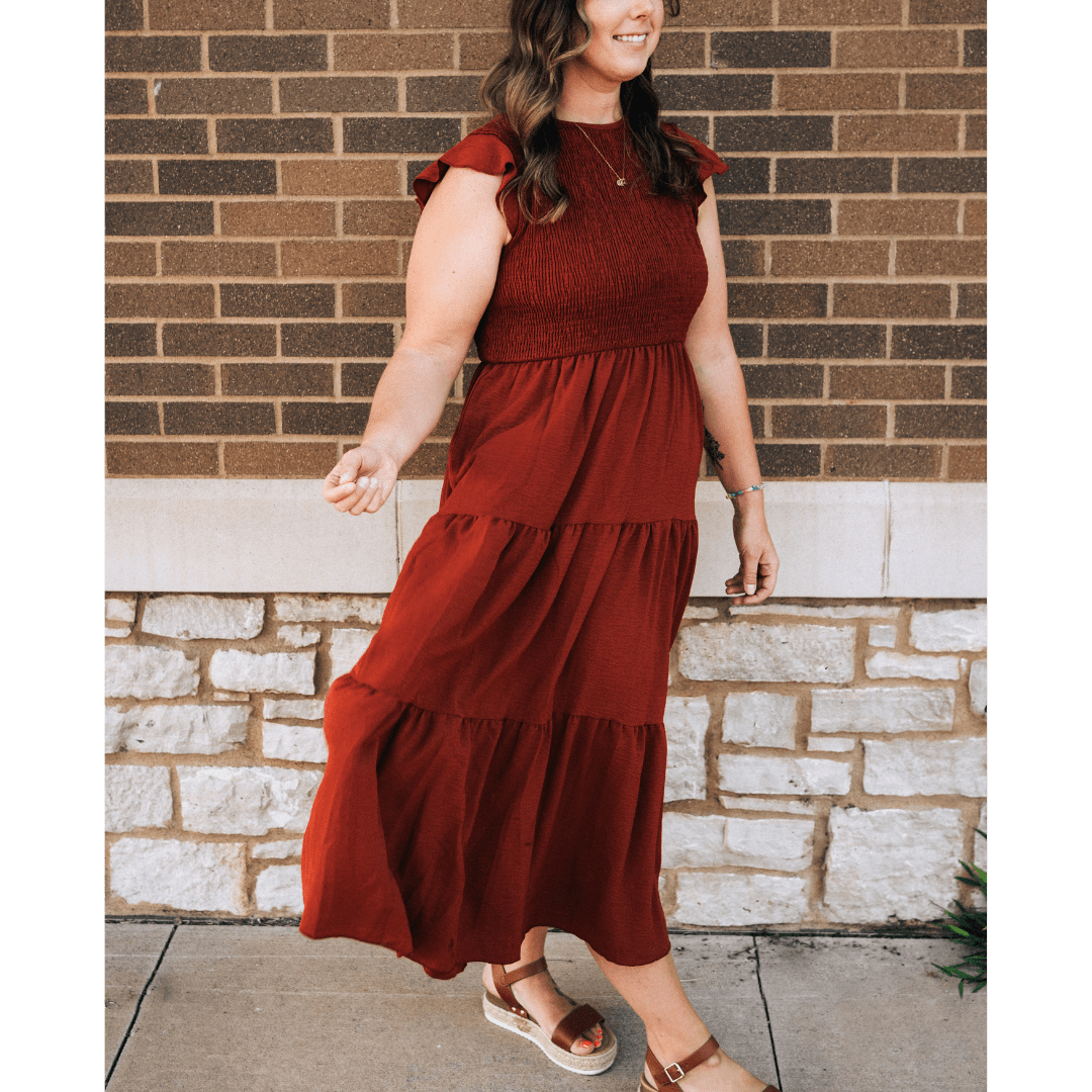 Rust Reddish Brown Smocked Maxi Dress - Women