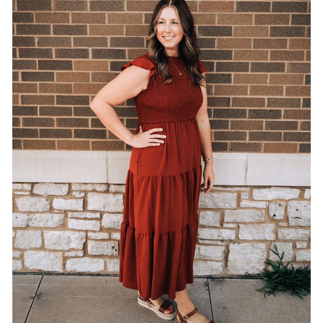 Rust Reddish Brown Smocked Maxi Dress - Women